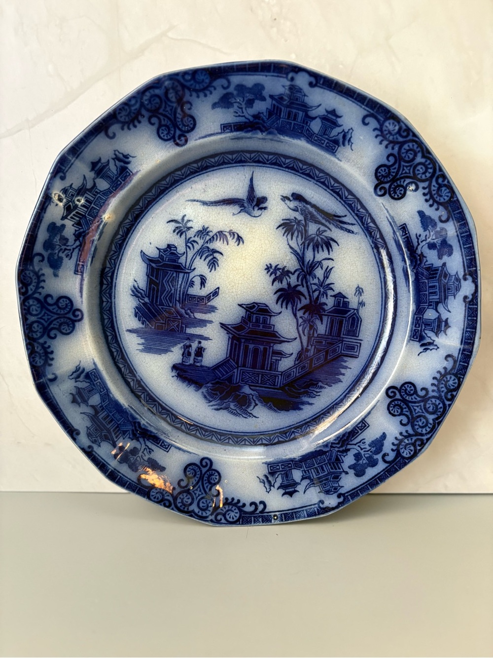 Flow Blue Ironstone Decorative Ceramic Plate with Oriental Scene